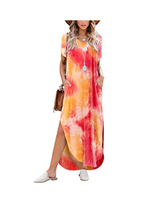 Women's Short Sleeve V Neck Dress Side Split Maxi Dresses Tie Dyed with Pockets