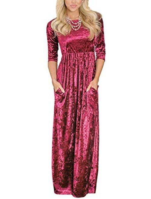 For G and PL Women's Velvet 3/4 Sleeve Maxi Dresses with Pocket