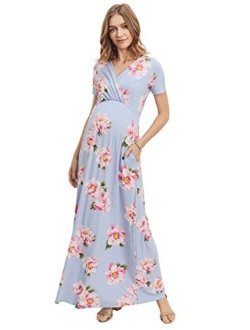 LaClef Women's Maternity Maxi Wrap Dress with Side Pocket