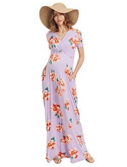 LaClef Women's Maternity Maxi Wrap Dress with Side Pocket