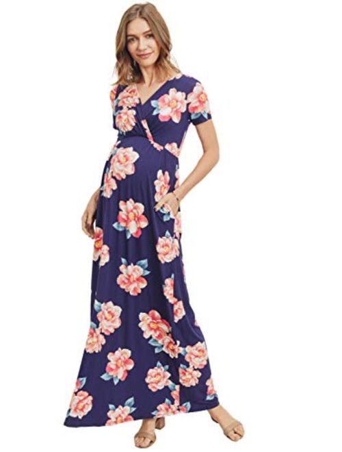 LaClef Women's Maternity Maxi Wrap Dress with Side Pocket