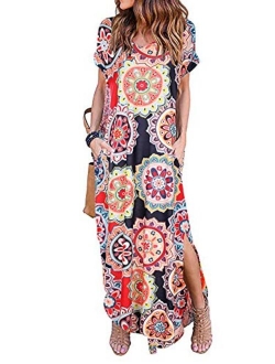 Raroauf Summer Maxi Dress Casual Loose Pockets Long Dress Split Plus Size