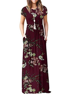 Boho Maxi Dresses for Women Empire Waist Short Sleeve Casual Floral Long Dress with Pockets