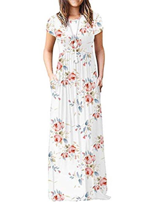 Boho Maxi Dresses for Women Empire Waist Short Sleeve Casual Floral Long Dress with Pockets