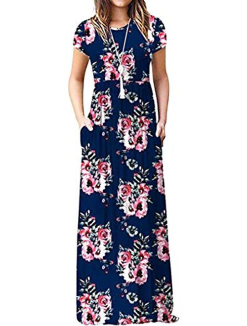 Boho Maxi Dresses for Women Empire Waist Short Sleeve Casual Floral Long Dress with Pockets