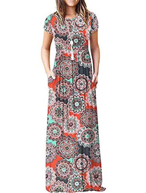 Boho Maxi Dresses for Women Empire Waist Short Sleeve Casual Floral Long Dress with Pockets