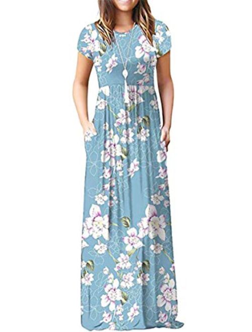 Boho Maxi Dresses for Women Empire Waist Short Sleeve Casual Floral Long Dress with Pockets