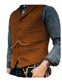 Solove-Suit Men's Classic Henringbone Pattern Suit Vest Notch Lapel Slim Fit Waistcoat