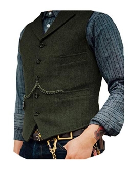 Solove-Suit Men's Classic Henringbone Pattern Suit Vest Notch Lapel Slim Fit Waistcoat