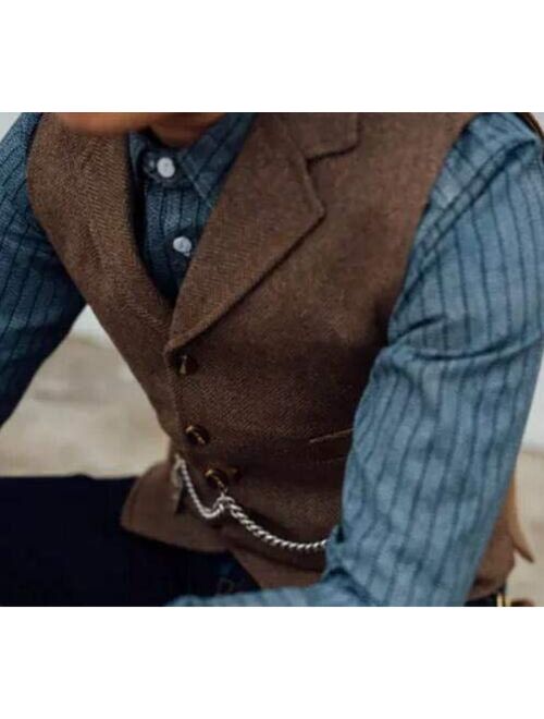 Solove-Suit Men's Classic Henringbone Pattern Suit Vest Notch Lapel Slim Fit Waistcoat