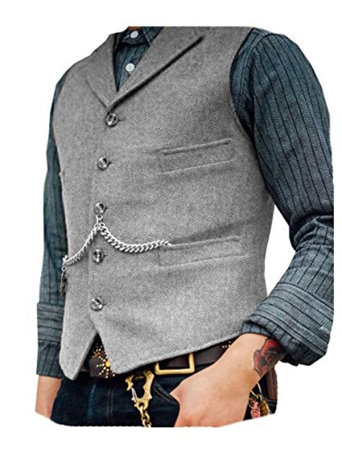 Solove-Suit Men's Classic Henringbone Pattern Suit Vest Notch Lapel Slim Fit Waistcoat