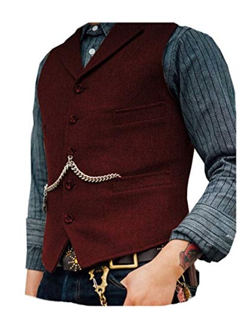 Solove-Suit Men's Classic Henringbone Pattern Suit Vest Notch Lapel Slim Fit Waistcoat