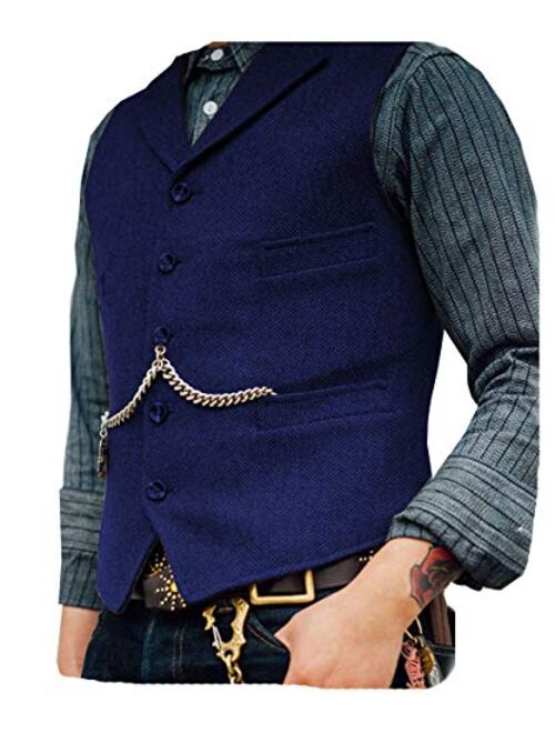 Solove-Suit Men's Classic Henringbone Pattern Suit Vest Notch Lapel Slim Fit Waistcoat