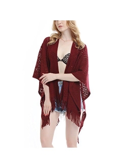 Knit Shawl Wrap for Women - Soul Young Ladies Fringe Knitted Poncho Cardigan Cape