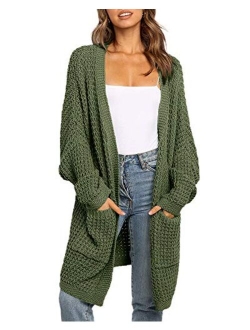 imesrun Womens Batwing Sleeve Long Cardigan Cable Knit Open Front Chunky Sweater Outwear with Pocket