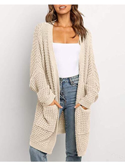 imesrun Womens Batwing Sleeve Long Cardigan Cable Knit Open Front Chunky Sweater Outwear with Pocket