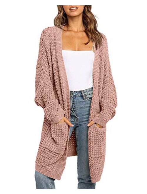 imesrun Womens Batwing Sleeve Long Cardigan Cable Knit Open Front Chunky Sweater Outwear with Pocket