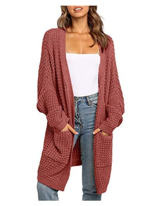 imesrun Womens Batwing Sleeve Long Cardigan Cable Knit Open Front Chunky Sweater Outwear with Pocket