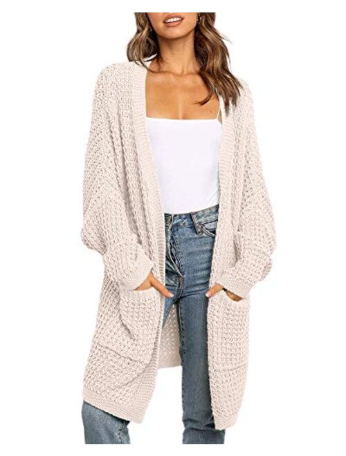 imesrun Womens Batwing Sleeve Long Cardigan Cable Knit Open Front Chunky Sweater Outwear with Pocket