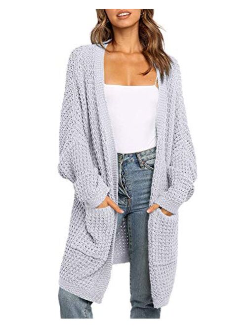 imesrun Womens Batwing Sleeve Long Cardigan Cable Knit Open Front Chunky Sweater Outwear with Pocket