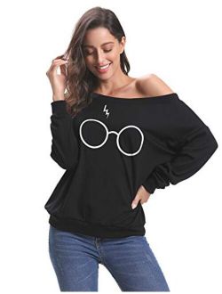 Aibrou Women's Casual Glasses Print Knit Sweater Knit Long Sleeve Pullover SweaterTops