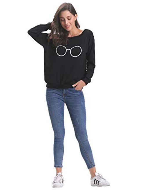 Aibrou Women's Casual Glasses Print Knit Sweater Knit Long Sleeve Pullover SweaterTops