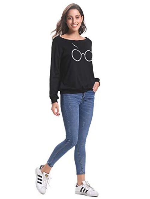 Aibrou Women's Casual Glasses Print Knit Sweater Knit Long Sleeve Pullover SweaterTops