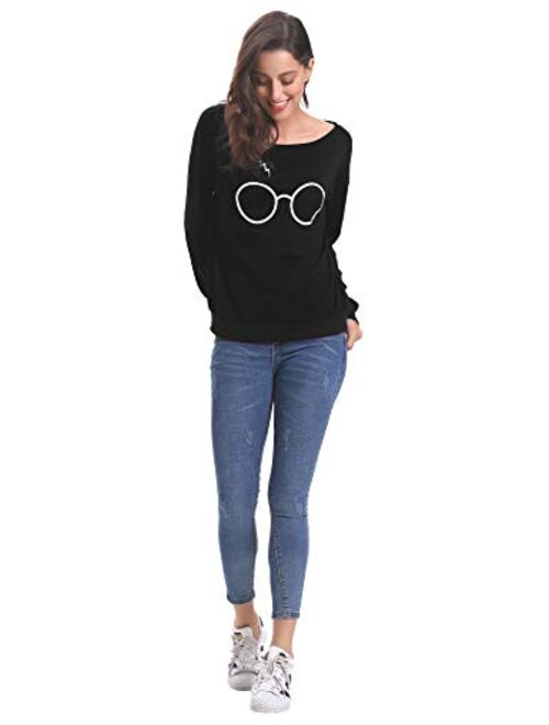 Aibrou Women's Casual Glasses Print Knit Sweater Knit Long Sleeve Pullover SweaterTops