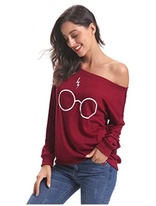 Aibrou Women's Casual Glasses Print Knit Sweater Knit Long Sleeve Pullover SweaterTops