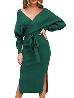 Fixmatti Women's Elegant V Neck Wrap Knit Dresses Batwing Sleeve Backless Slit Maxi Dress with Belted