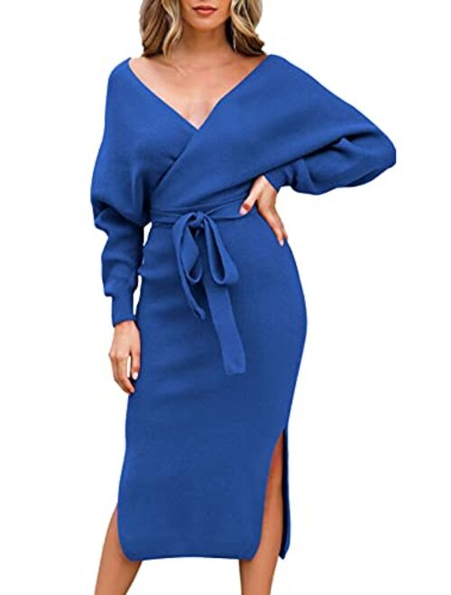 Fixmatti Women's Elegant V Neck Wrap Knit Dresses Batwing Sleeve Backless Slit Maxi Dress with Belted