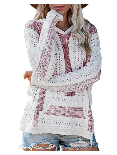 YeMgSiP Womens V Neck Hooded Sweaters Striped Casual Long Sleeve Lightweight Pullover Knit Baja Hoodie with Pocket