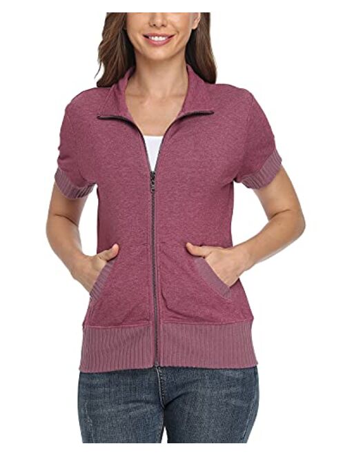 andy & natalie Women's Stand Collar Zip up Short Sleeve Hoodies Jacket Sweatshirts with Pockets