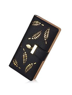 Women's Long Leaf Bifold Wallet Leather Card Holder Purse Zipper Buckle Elegant Clutch Wallet Handbag