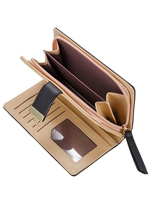 Women's Long Leaf Bifold Wallet Leather Card Holder Purse Zipper Buckle Elegant Clutch Wallet Handbag