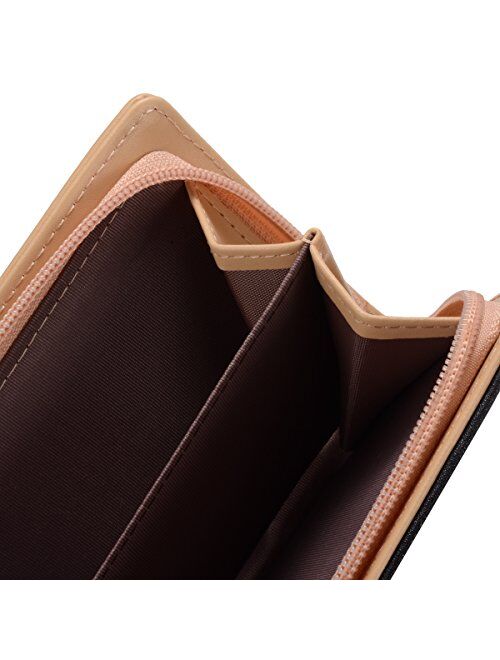 Women's Long Leaf Bifold Wallet Leather Card Holder Purse Zipper Buckle Elegant Clutch Wallet Handbag