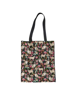 Coloranimal Cute Animal Dog Flower Linen Tote Bag for Women Grocery Handbag