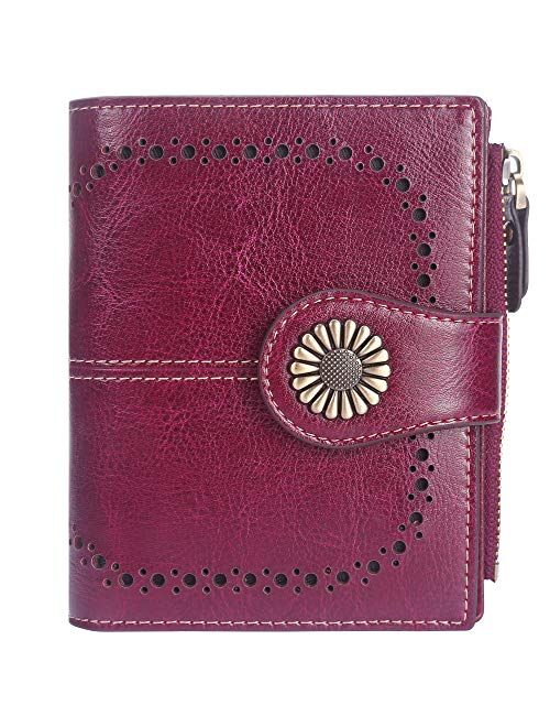 Lavemi Womens Leather Wallet RFID Blocking Small Bifold Compact Credit Card Case Purse for Women with ID Window Zipper Pocket