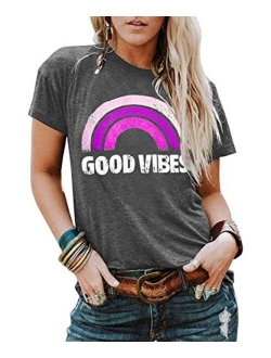 YEXIPO Womens Graphic Tees Good Vibes Shirt Short Sleeve Funny T Shirts Rainbow Print Cute Summer Tops