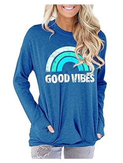 YEXIPO Womens Graphic Tees Good Vibes Shirt Short Sleeve Funny T Shirts Rainbow Print Cute Summer Tops