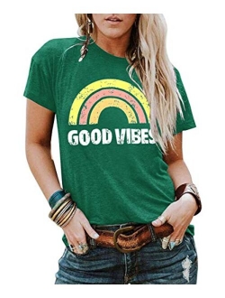 YEXIPO Womens Graphic Tees Good Vibes Shirt Short Sleeve Funny T Shirts Rainbow Print Cute Summer Tops