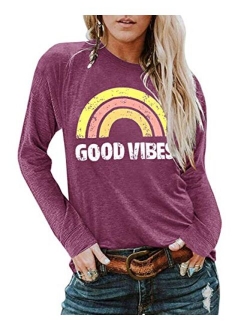 YEXIPO Womens Graphic Tees Good Vibes Shirt Short Sleeve Funny T Shirts Rainbow Print Cute Summer Tops