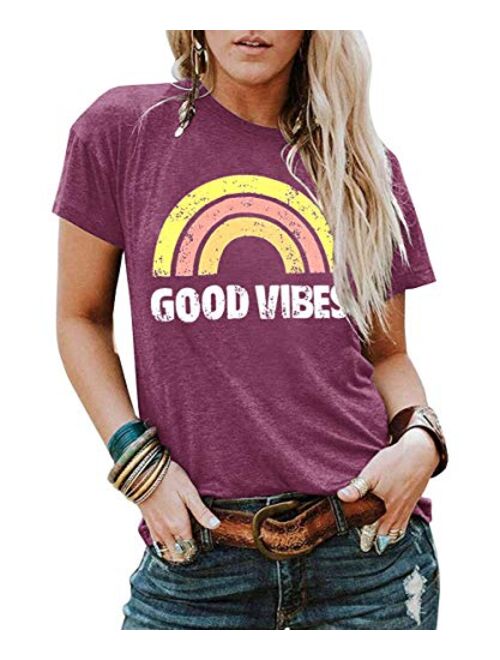 YEXIPO Womens Graphic Tees Good Vibes Shirt Short Sleeve Funny T Shirts Rainbow Print Cute Summer Tops