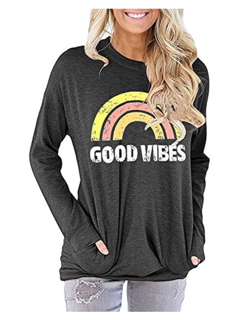 YEXIPO Womens Graphic Tees Good Vibes Shirt Short Sleeve Funny T Shirts Rainbow Print Cute Summer Tops