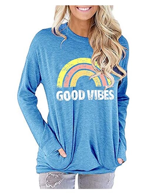 YEXIPO Womens Graphic Tees Good Vibes Shirt Short Sleeve Funny T Shirts Rainbow Print Cute Summer Tops