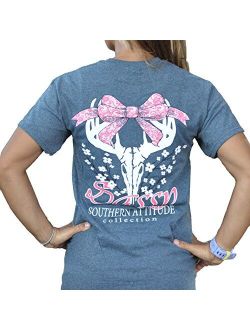 Southern Attitude Dogwood Sassy Heather Gray Bow Deer Skull Short Sleeve Shirt