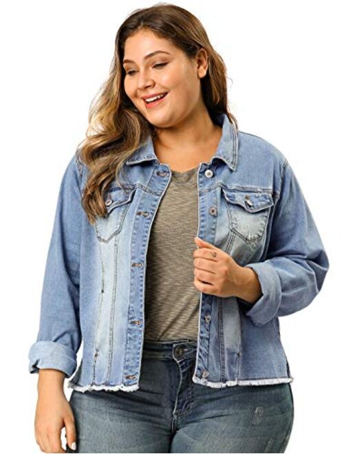 Agnes Orinda Women's Plus Size Classic Washed Front Frayed Denim Jacket