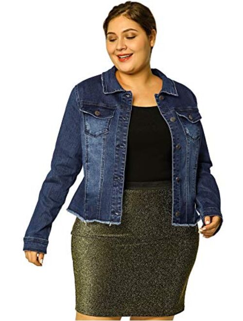 Agnes Orinda Women's Plus Size Classic Washed Front Frayed Denim Jacket