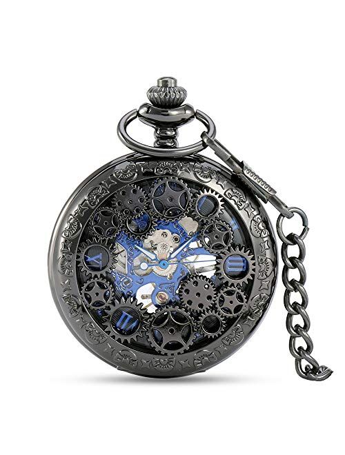 Avaner Steampunk Retro Half Hunter Copper Gear Skeleton Hand Wind Mechanical Roman/Arabic Numeral Analog Display Pocket Watch with 14"Chain