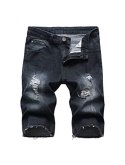 PASOK Men's Casual Denim Shorts Distressed Stretchy Jeans Shorts Ripped Short Pants